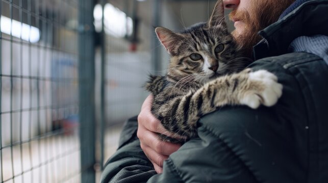 A man holds a rescued cat during adoption day at a shelter