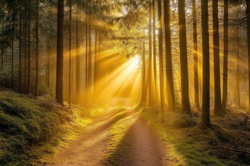 Fototapeta premium Sunbeams Illuminating a Path Through a Forest