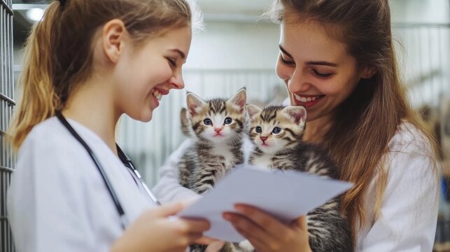 Two women care for kittens at an animal shelter on a sunny day