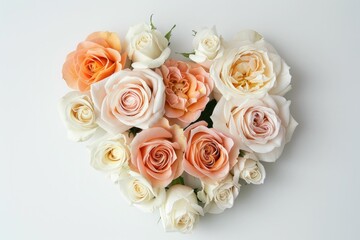 heart shaped arrangement of pink and white roses on a white background, elegant and romantic floral display, perfect for love themes or celebrations, soft colors and natural beauty