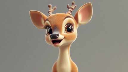 Fototapeta premium A cartoon deer with antlers is smiling and looking at the camera. The image has a lighthearted and playful mood, as the deer appears to be happy and friendly