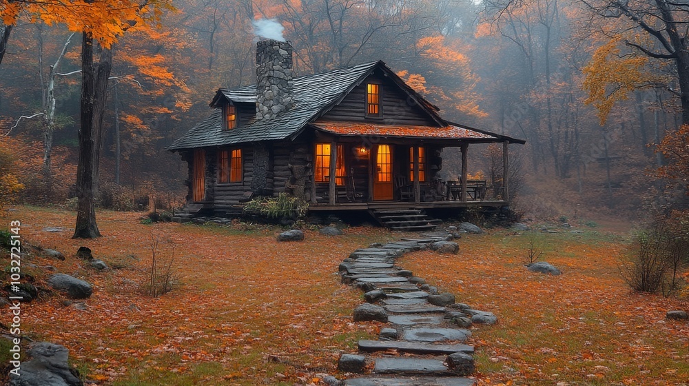 Aufkleber a cozy log cabin sits nestled in the woods, illuminated by warm light. colorful autumn leaves blanke