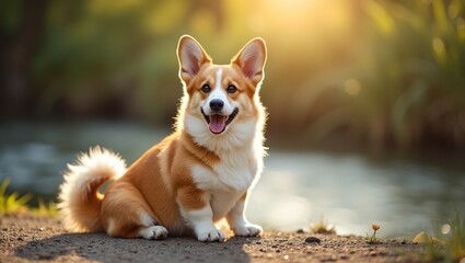 Fototapeta premium Adorable corgi by stream wagging tail