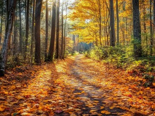Obraz premium A forest trail blanketed in golden leaves with sunlight streaming through the trees