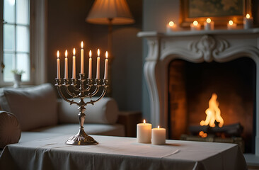 Hanukkah candle holder with candles. Hanukkah celebrations, Jewish religion.