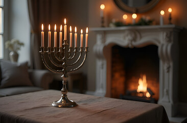 Hanukkah candle holder with candles. Hanukkah celebrations, Jewish religion.