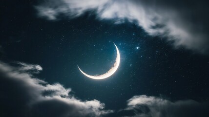 Romantic Moon In Starry Night Over Clouds