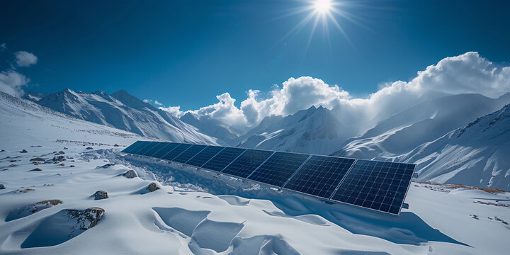 Solar panels on the snow in the mountains