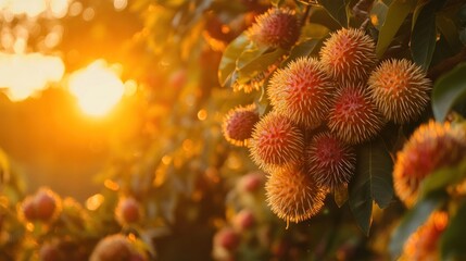 Fototapeta premium A close-up of spiky fruit hanging on branches during sunset, highlighting nature's beauty.