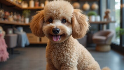 Regal Poodle with freshly groomed coat in boutique pet store