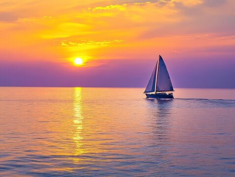 A lone sailboat on a tranquil ocean during a glowing sunset