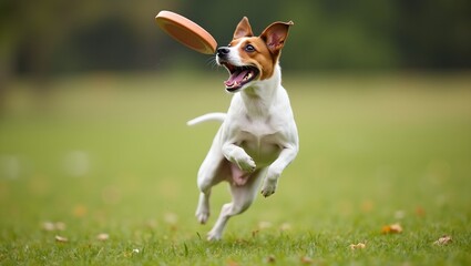 Energetic Jack Russell Terrier catching frisbee mid air