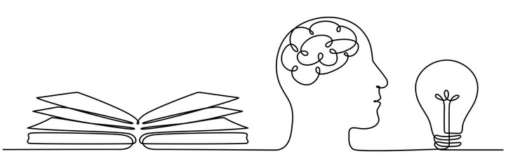 Open book, head with brain and light bulb continuous line drawing. Creative idea process concept. Vector illustration isolated on white.