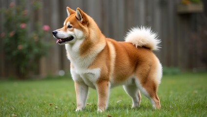 Confident Akita standing in serene backyard setting