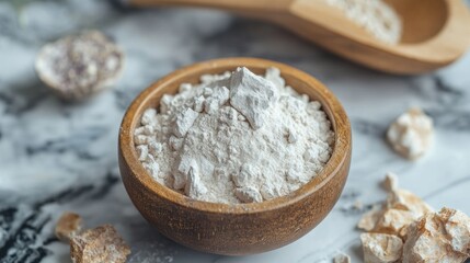 A wooden bowl filled with white powdery substance on a marble surface, surrounded by chunks.