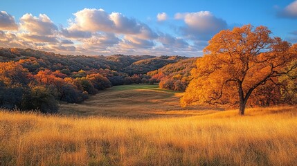 Fototapeta premium A peaceful valley unfolds with golden grass and trees showcasing brilliant autumn colors. The sky is adorned with soft clouds reflecting the warm hues of sunset.