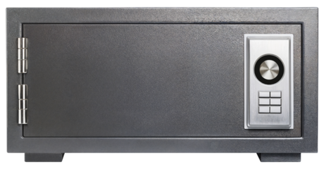 Grey Steel Safe with Digital Lock Isolated on Transparent Background.
