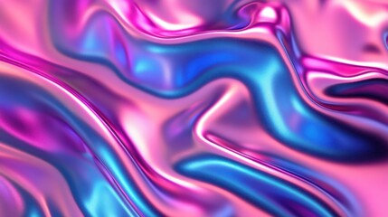 Gradient of fuchsia to blue metallic liquid background. Abstract neon texture. Rainbow 3d holographic foil. Wavy glossy surface in fuchsia and blue colors