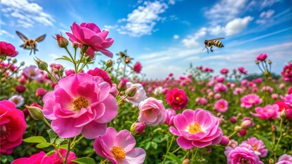 Obraz premium Blooming Field of Pink and Red Wild Roses with Bees Buzzing in Harmony