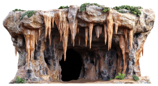 Cave Entrance With Stalactites Isolated on Transparent Background.