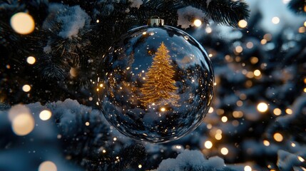 A lovely glass ornament with a warm golden glow hangs against a blue backdrop, surrounded by sparkling particles and delicate snowflakes, perfect for the holidays