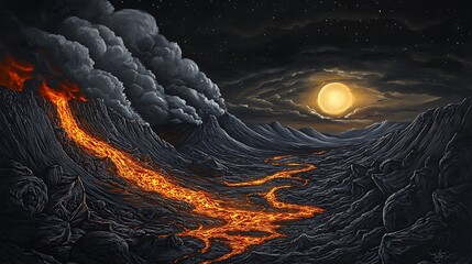 A dramatic volcanic landscape with molten lava flowing down the side of a volcano, ash plumes rising into the air, and the night sky illuminated by the eruption