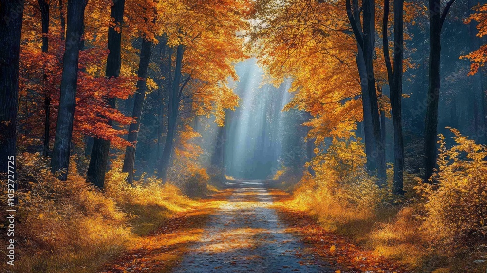Aufkleber a serene forest path showcases vibrant autumn foliage, with sunlight streaming through the trees, cr