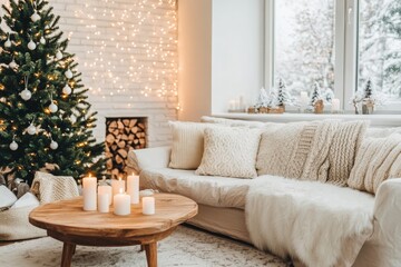 Cozy winter living room decorated for the holidays with a Christmas tree and candles glowing softly near a snowy window