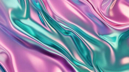 Obraz premium Gradient of rose to emerald metallic liquid background. Abstract neon texture. Rainbow 3d holographic foil. Wavy glossy surface in rose and emerald colors