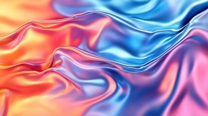 Fototapeta premium Gradient of sapphire to coral metallic liquid background. Abstract neon texture. Rainbow 3d holographic foil. Wavy glossy surface in sapphire and coral colors 