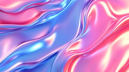 Fototapeta premium Gradient of sapphire to coral metallic liquid background. Abstract neon texture. Rainbow 3d holographic foil. Wavy glossy surface in sapphire and coral colors