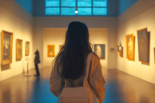 a girl is visiting a museum looking at arts