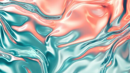 Obraz premium Gradient of turquoise to coral metallic liquid background. Abstract neon texture. Rainbow 3d holographic foil. Wavy glossy surface in turquoise and coral colors 