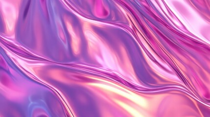 Obraz premium Gradient of violet to pink metallic liquid background. Abstract neon texture. Rainbow 3d holographic foil. Wavy glossy surface in violet and pink colors 