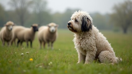 Loyal Old English Sheepdog in lush pasture watching over sheep with shaggy fur covering its eyes