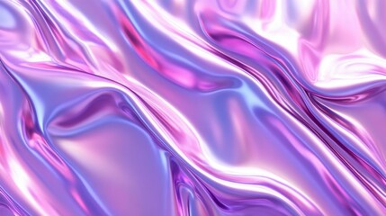 Obraz premium Gradient of violet to pink metallic liquid background. Abstract neon texture. Rainbow 3d holographic foil. Wavy glossy surface in violet and pink colors