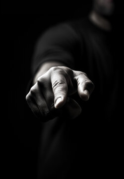 index finger pointing towards the camera, Pointing the finger at someone, accusation, blame, hand isolated on black background - soft focus, black and white, details, male accountable responsibility