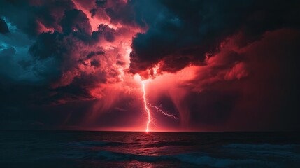 Obraz premium Powerful lightning strike in the sky with dark red storm clouds above the sea and big waves at night