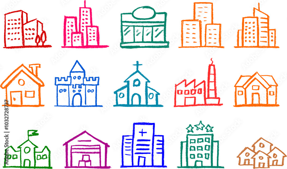 Wall mural architectural building related icon crayon chalk drawing vector set