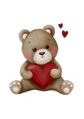 Cute watercolour Valentine teddy bear with red heart, isolated on transparent background 