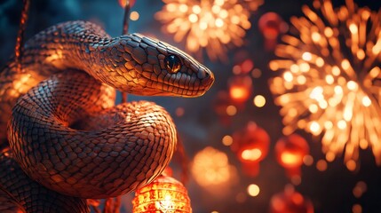 new year symbolism, a wooden snake wraps around a bright lantern as fireworks illuminate the night sky, marking the start of the new year