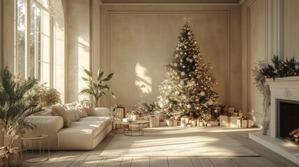 boho interior with a christmas tree in beige colors