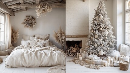 boho interior with a christmas tree in beige colors