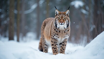 Obraz premium Eurasian lynx in snowy forest blending with landscape