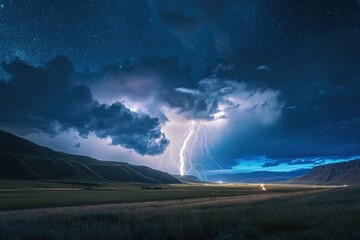 Dramatic Lightning Strike Over a Mountainous Landscape Under a Starry Sky