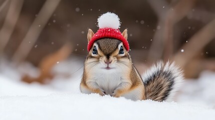 A charming chipmunk stands in the snow, wearing a cozy red and white striped sweater and a fluffy hat