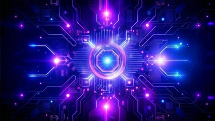 Obraz premium A vibrant digital abstract of neon lights and circuit patterns illustrating technology and innovation in a futuristic design. Generative AI