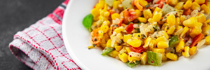 corn salad tasty food dish second course Fresh delicious gourmet food background on the table rustic food top view copy space top view keto and paleo diet Vegetarian and vegan food