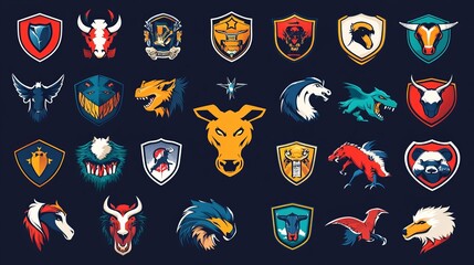 Huge Set of Colorful Sports Logos and Emblems Featuring Knights, Horses, Soldier, Dinosaur, Soccer Ball, Cowboy, Eagle, Bear, Wolf, Superhero, and Aircraft in Vector Illustration