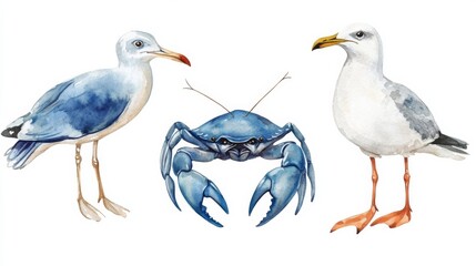 Fototapeta premium Seagulls and Crab Watercolor Illustration